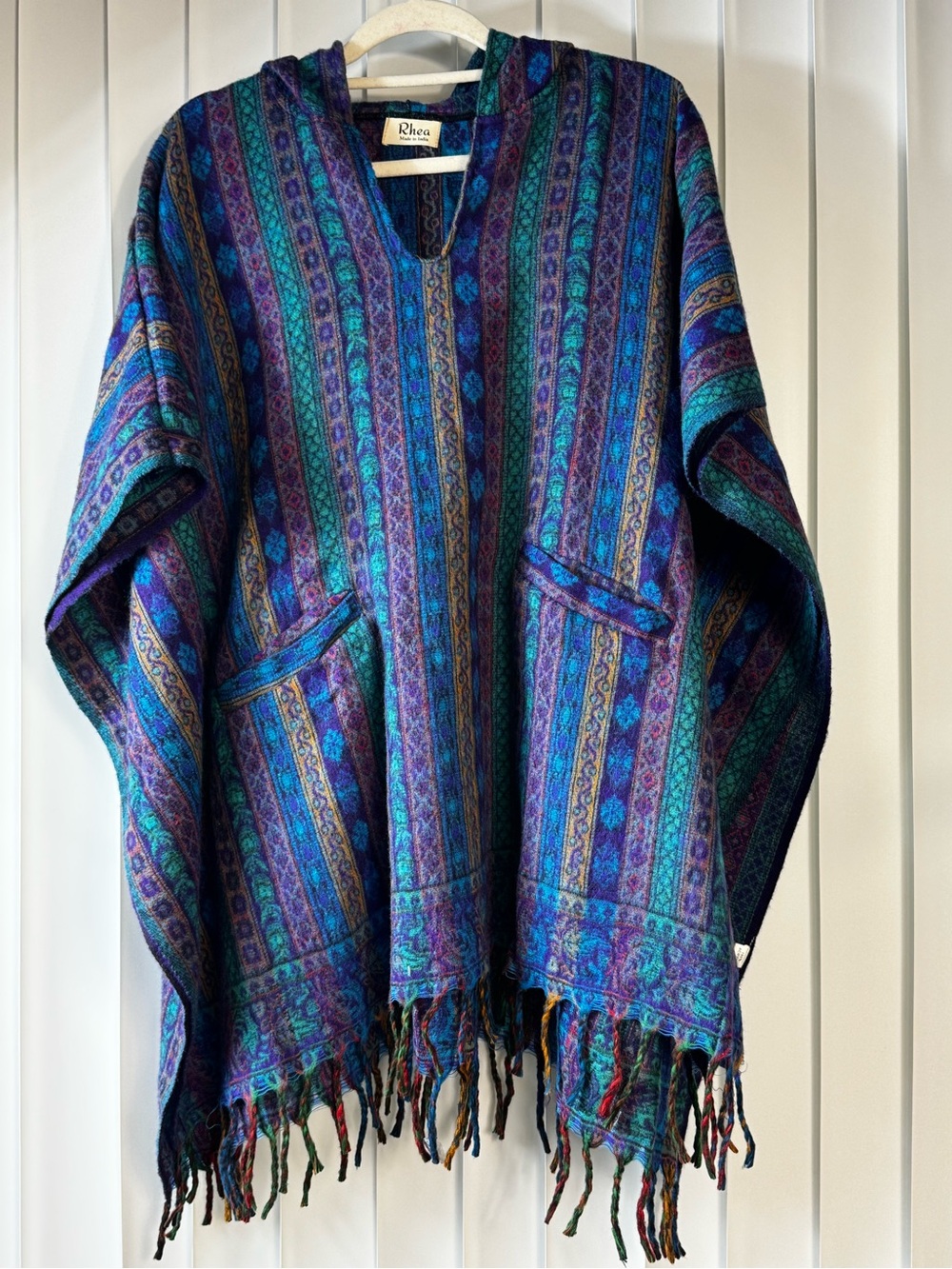 Rhea Hooded Boho Poncho Cape Fringe Sweater Shawl Blue Purple OS